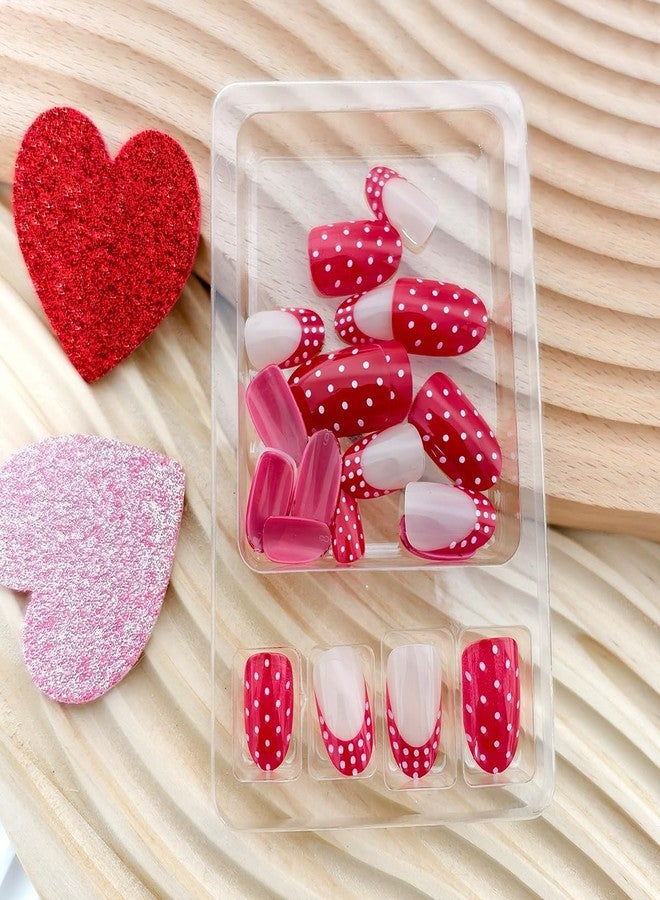 OSTTMA 24Pcs Polka Dot Press on Nails Red French Tip Fake Nails Short Oval False Nails with Cute White Polka Dots Design Glossy Glue on Nail Full Cover French Acrylic Nail for Women Manicure Accessories - Image 3